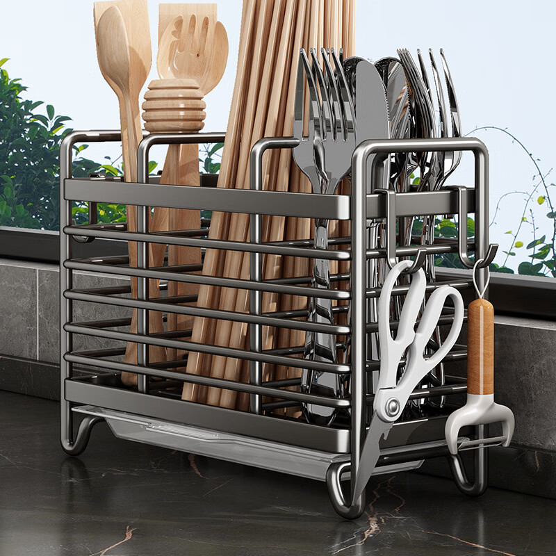 厨房多功能置物架壁挂式筷子收纳盒筷筒筷篓家用勺子筷笼筷搂沥水 奶白色（ 筷子筒/三格）