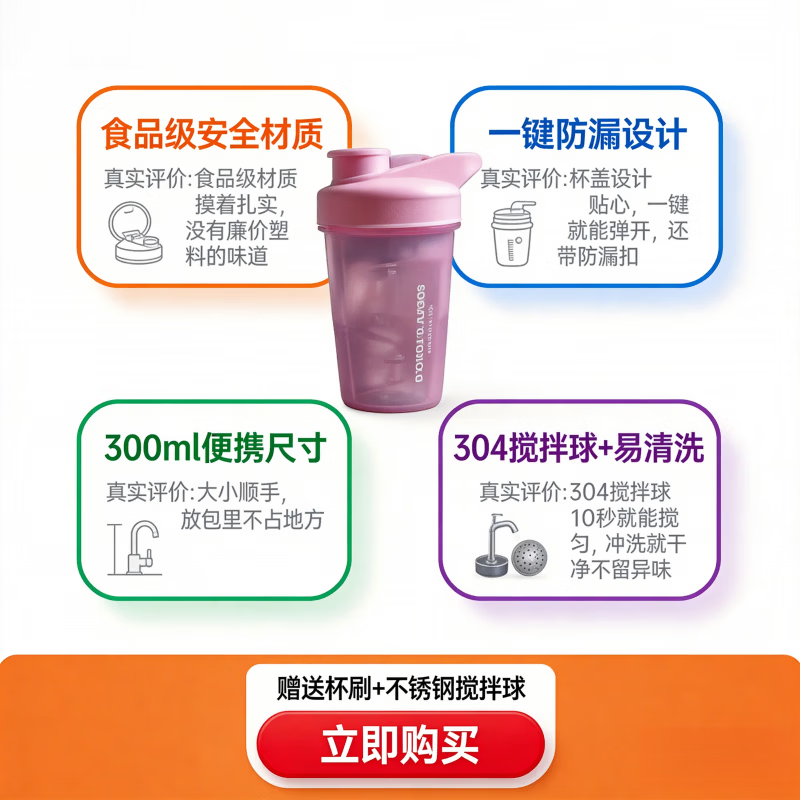 AILUKI日本蛋白粉摇摇杯耐高温食品级运动水杯牛奶豆浆冲泡杯搅拌杯便携 黑色【赠送杯刷+不锈钢搅拌球】 300ml 1个