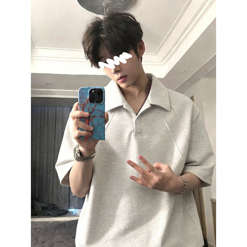 POUM白花灰美式翻领短袖Polo衫男款夏季boxy版型t恤感内搭半截袖 CLF-T212白灰色 XL