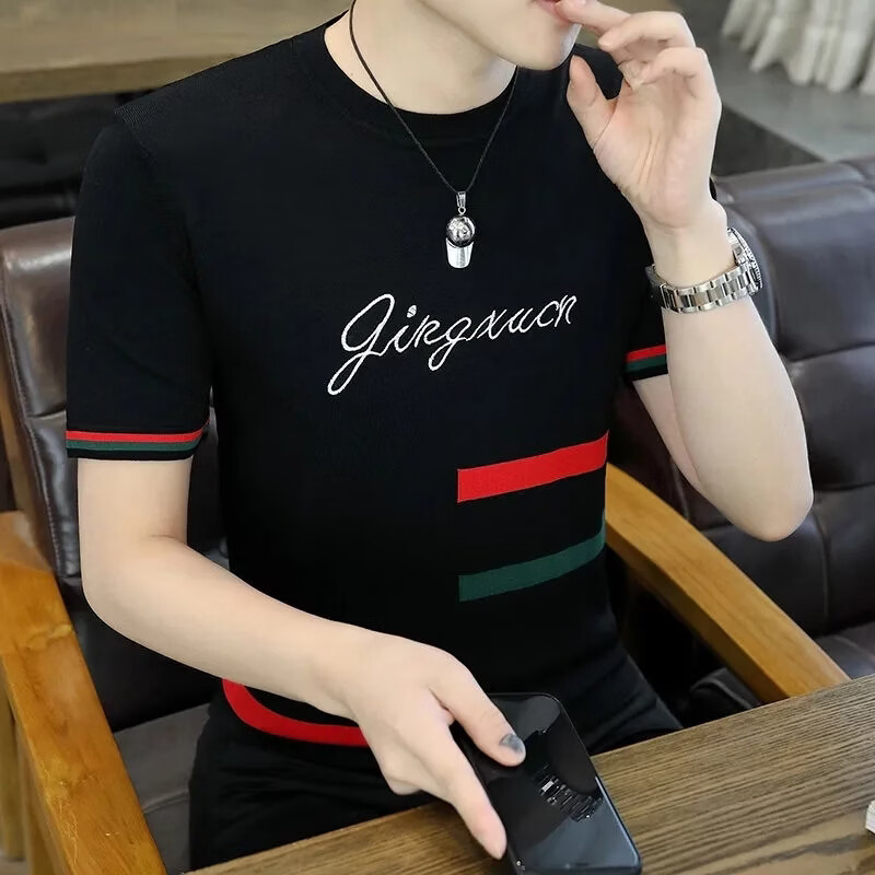 冰感针织短袖t恤男夏季新款潮流体恤衫刺绣休闲百搭个性半袖2127 2127-黑色 L 105-120斤