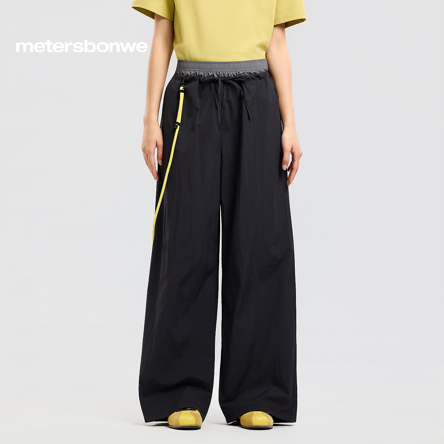 美特斯邦威[商场同款]直筒裤女春新透气休闲宽松阔腿松紧腰长裤 黑灰 M 160 66A