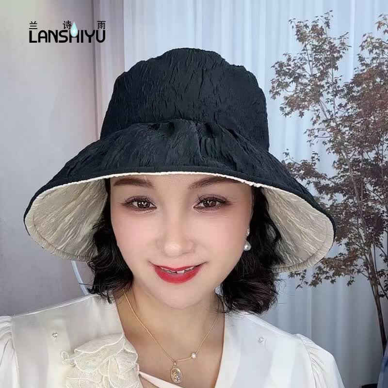 兰诗雨遮阳帽女双面戴渔夫帽夏季防晒帽遮脸太阳帽时尚百搭帽子 黑色+米白色 大头围（58-62CM）