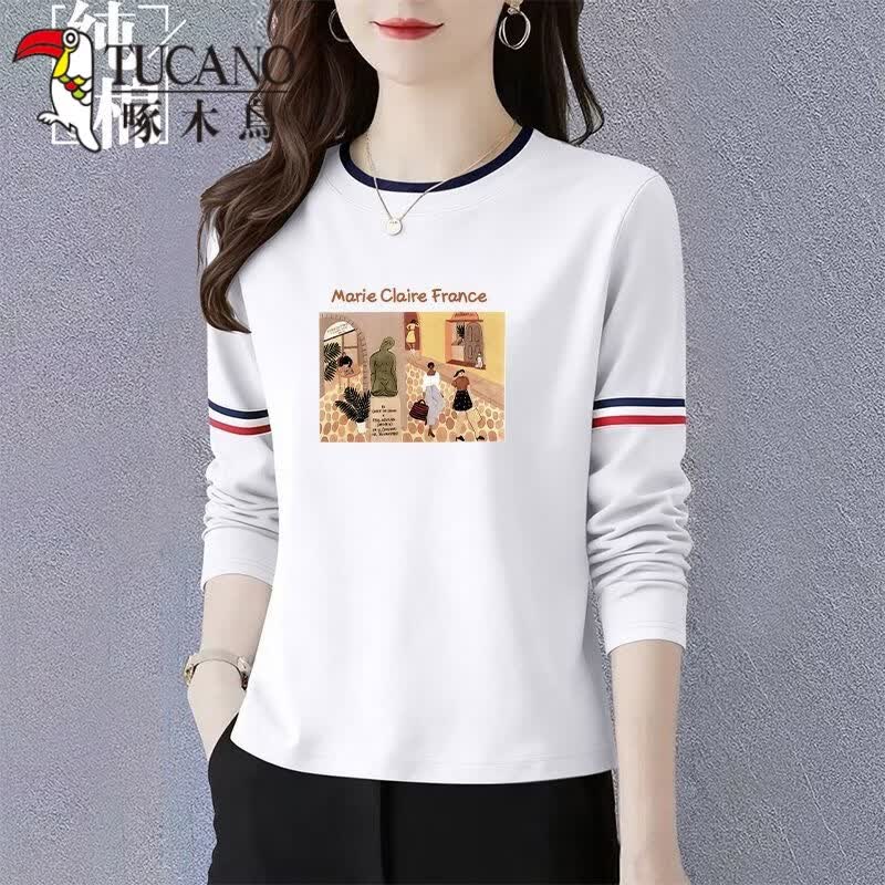 啄木鸟（TUCANO）新款印花长袖T恤舒适显瘦假两件圆领打底衫春秋新款慵懒风通勤女 纯白 L 建议100-110斤