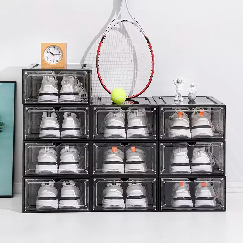 鞋盒鞋子收纳盒透明收纳鞋盒加厚磁吸省空间简易硬塑料宿舍 正开门高款磁吸46码高帮鞋透明黑六个装