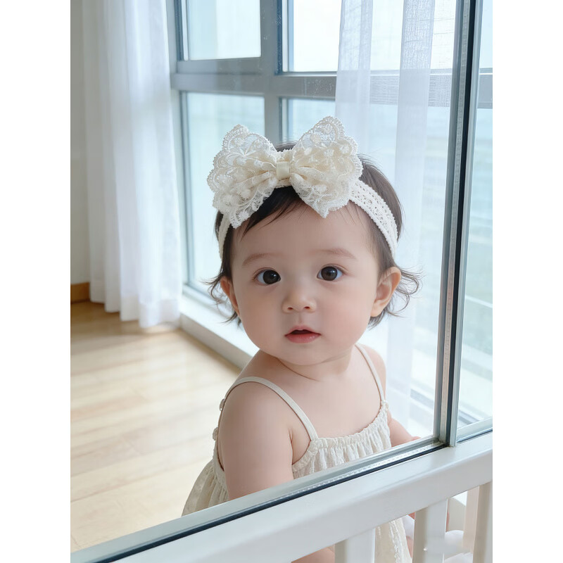 轩玖婴儿蝴蝶结发带可爱蕾丝女宝宝拍照头饰婴幼儿百天周岁 粉色(头围38-46CM)