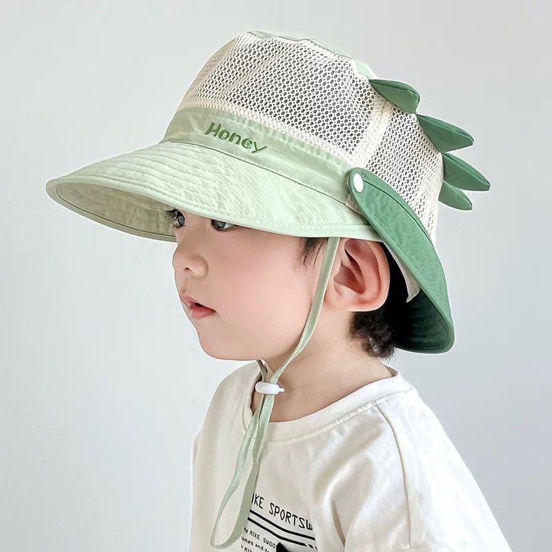 婴儿帽子夏季遮阳帽渔夫帽男童女宝宝网大檐可拆披肩儿 半网双檐渔夫帽-绿色 1-3岁/帽围46-50cm