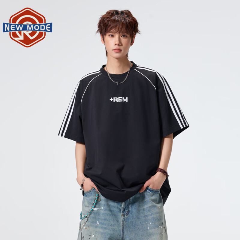 NEW OR MODE美式条纹运动短袖t恤男夏季潮牌高街痞帅青少年宽松休闲半袖上衣 黑色【高品质】 M 【建议90-110斤】