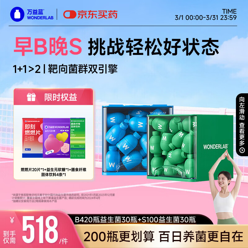 万益蓝WonderLab 早B晚S组合30瓶+30瓶 B420益生菌S100益生元棕色脂肪