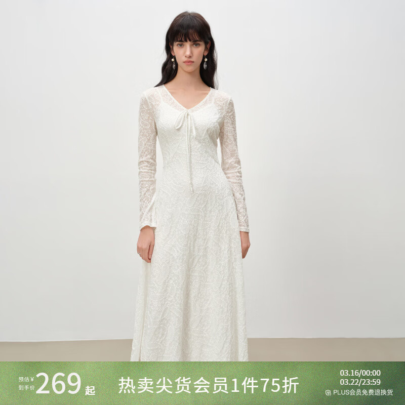 自巧小个子浪漫波嬉风腰果花纹蕾丝长裙系带连衣裙女2026春季新品 雅白色 S （尺码：3）