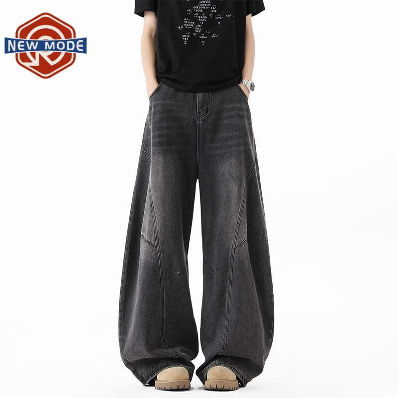 NEW OR MODE美式解构水洗弯刀牛仔裤男新款复古宽松阔腿长裤百搭直筒休闲裤子 黑色【高品质】 XL 【建议125-145斤】