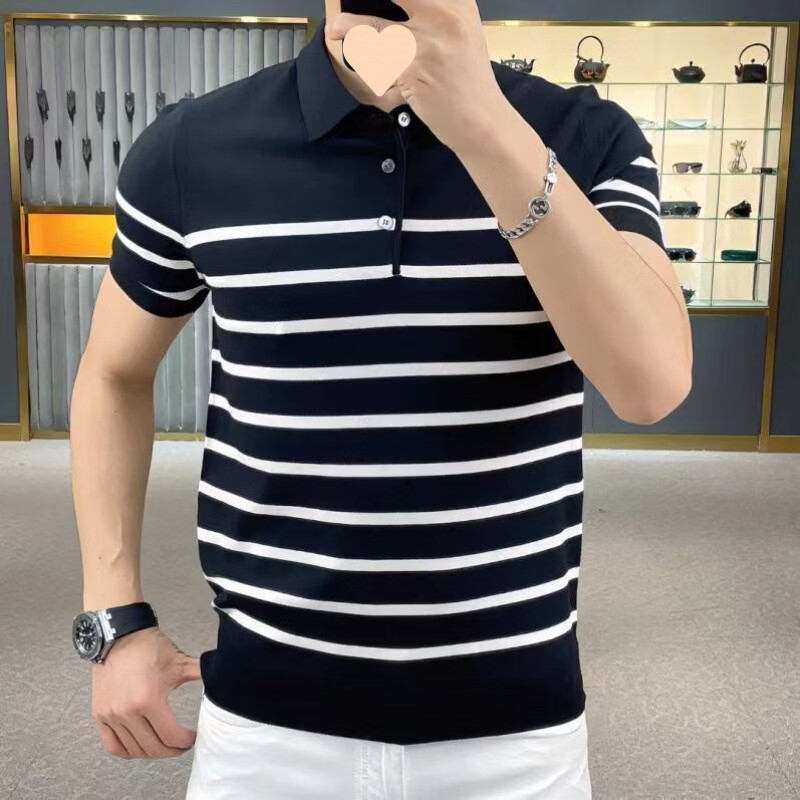 男士高品质时尚短袖针织POLO衫2026新款夏季个性条纹翻领潮流CLQ 黑色 L 【建议110-130斤】