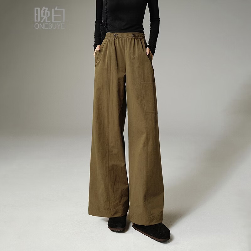 晚白【断码清仓】时尚休闲高腰工装裤遮胯显瘦舒适百搭阔腿裤女 深咖色 26