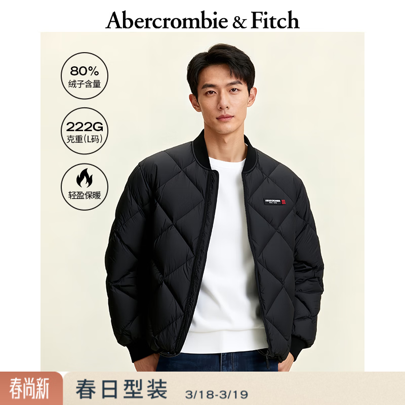 Abercrombie & Fitch美式复古时尚菱格LOGO加厚羽绒服外套25秋冬男装132-5191 黑色 M (180/100A)