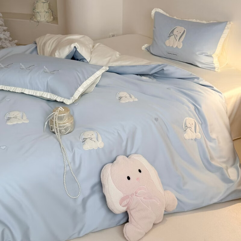 ROLAND LIVE可爱风春季长绒棉四件套卡通兔子全棉裸睡被套床单儿童三件套 LB 长绒棉套件-萌兔日记蓝色 1.2米床 床单款 【被套150*200cm】