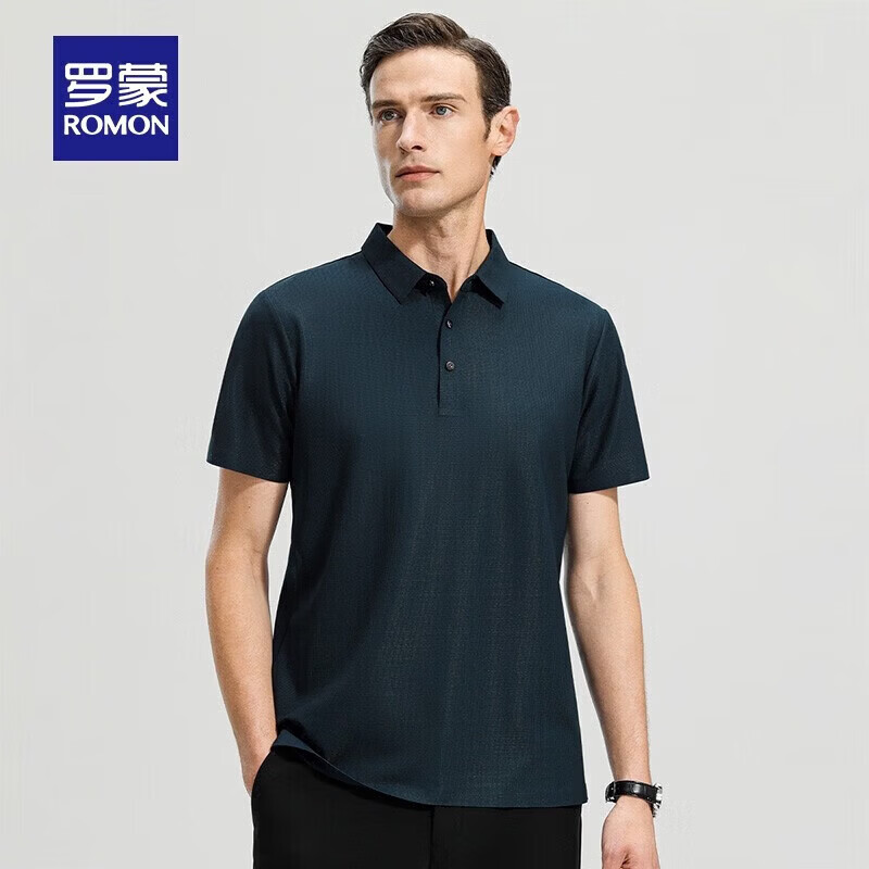 罗蒙(ROMON)高弹华夫格短袖t恤男夏季新款纯色易打理T恤衫中青年翻领上衣 藏青 M 170(建议90-115斤)