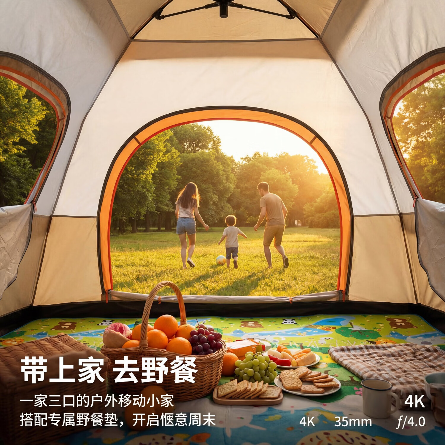 荒野七侠户外露营帐篷全自动速开双人/三人防雨防晒公园野餐野营 米白-帐篷+野餐垫（参考详情页款式，图案随机）