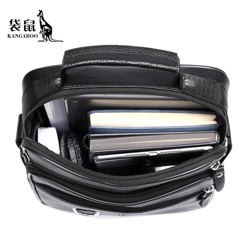 袋鼠（KANGAROO）男士单肩斜挎包头层牛皮休闲时尚潮流背包真皮商务通勤手提斜挎包 黑色加大号