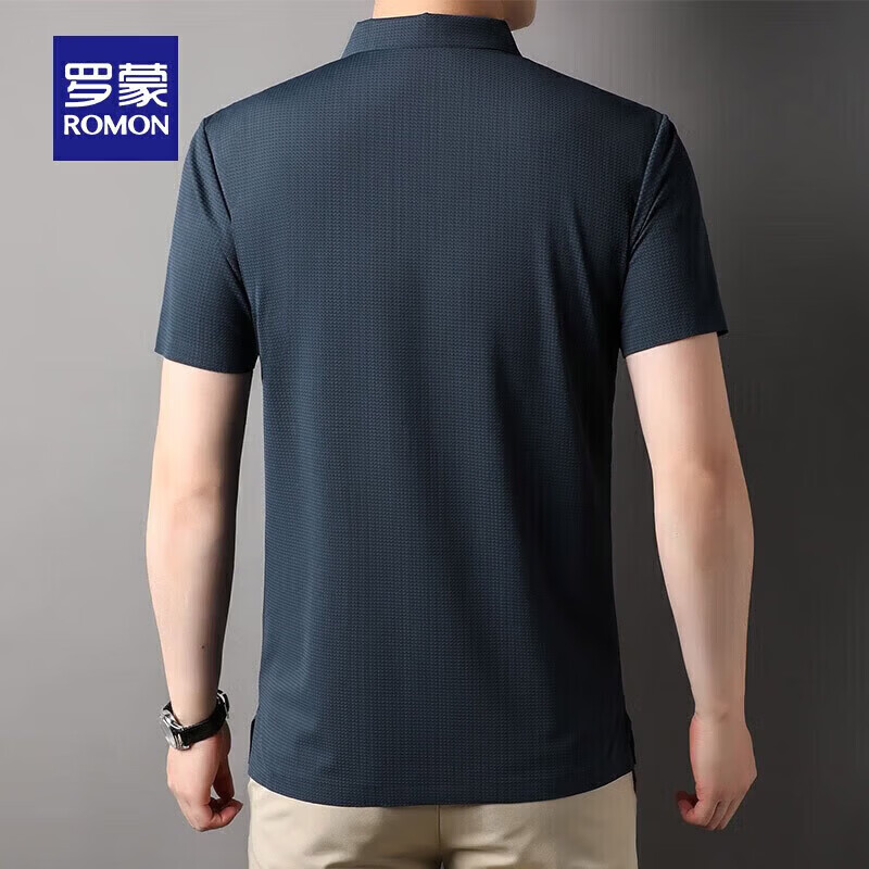 罗蒙（ROMON）【高弹无痕】短袖polo衫男夏季新款泡泡格弹力纯色翻领短袖t恤 G2206深蓝 XL 180/96A（建议135-155斤）