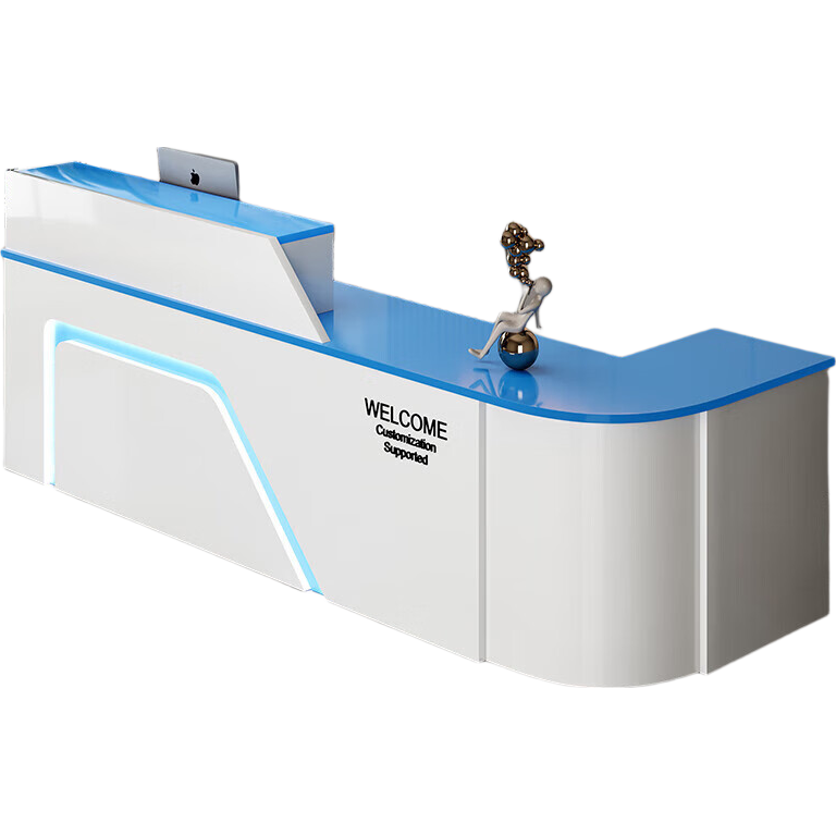 音雅（YINYA）辦公前臺(tái)接待桌簡(jiǎn)約現(xiàn)代美容院市咨詢柜臺(tái)店鋪小型收銀臺(tái) 白色+藍(lán)色（如需右拐備注下） 260x60x100cm