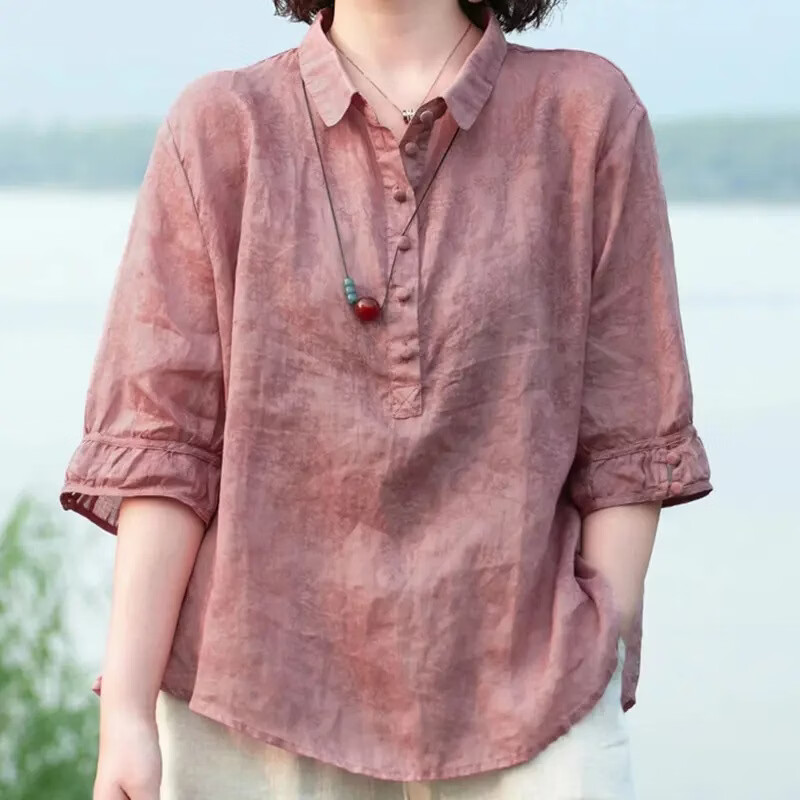 妈妈夏装精仿天丝苎麻T恤洋气上衣新款套装中年女装中袖麻棉衬衫L 驼粉 2XL (105-120斤)