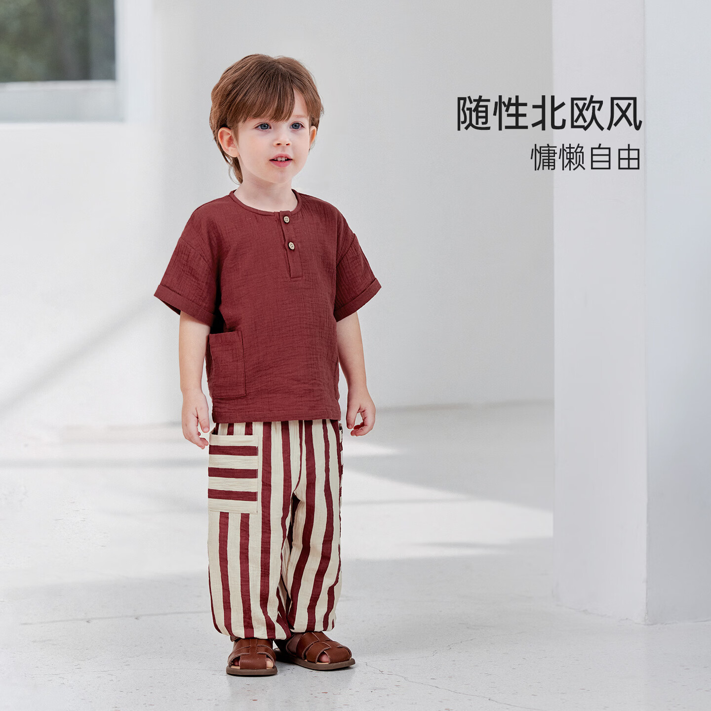 babylove【清仓】宝宝短袖t恤夏季纯棉薄款起皱纱上衣男女童外出纯色百搭 深遂蓝 100