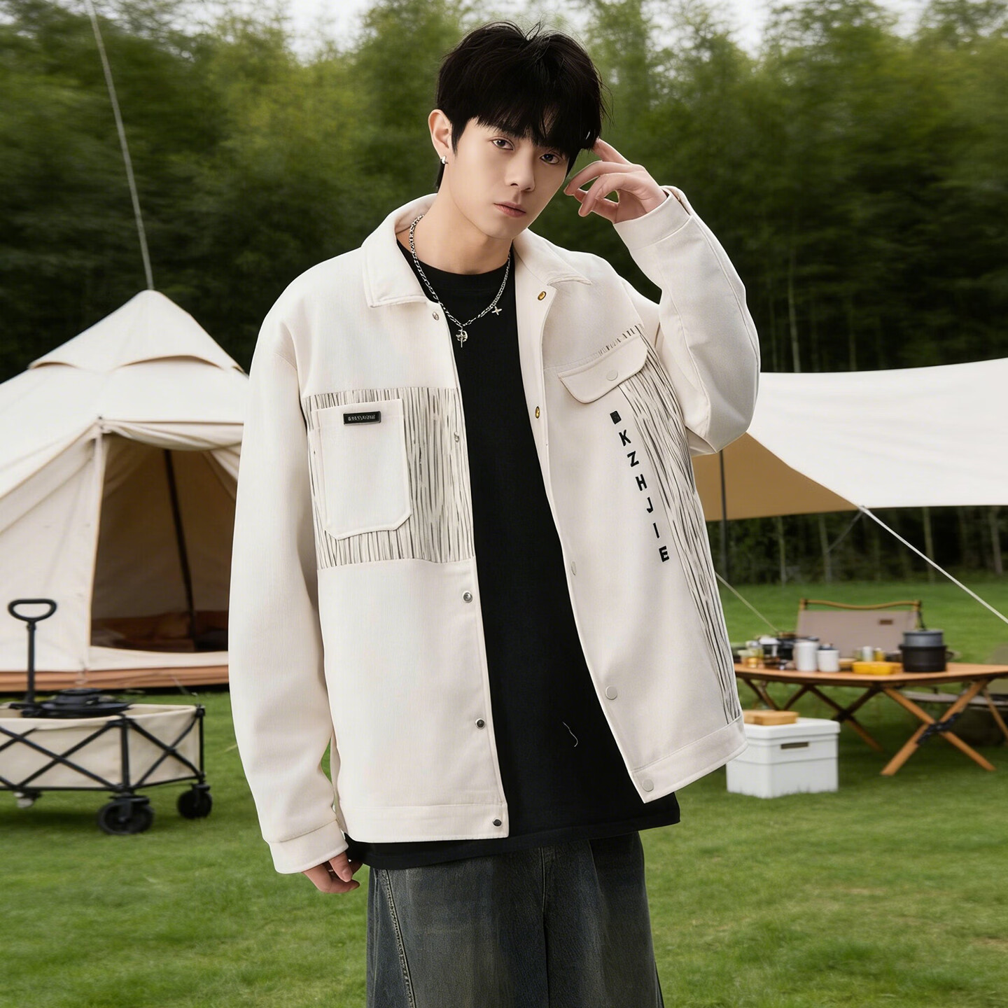港诗伦美式工装外套男2026春季宽松夹克 米白色 常规 4XL (190)