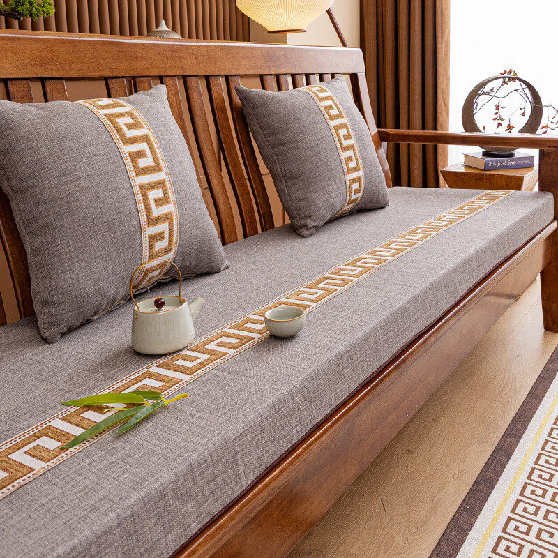 正圣新中式红木海绵沙发垫四季通用防滑2026年新款夏季加厚沙发坐垫 回纹贴布高级灰【60D加硬海绵】 单人50*50cm【海绵厚度5厘米】