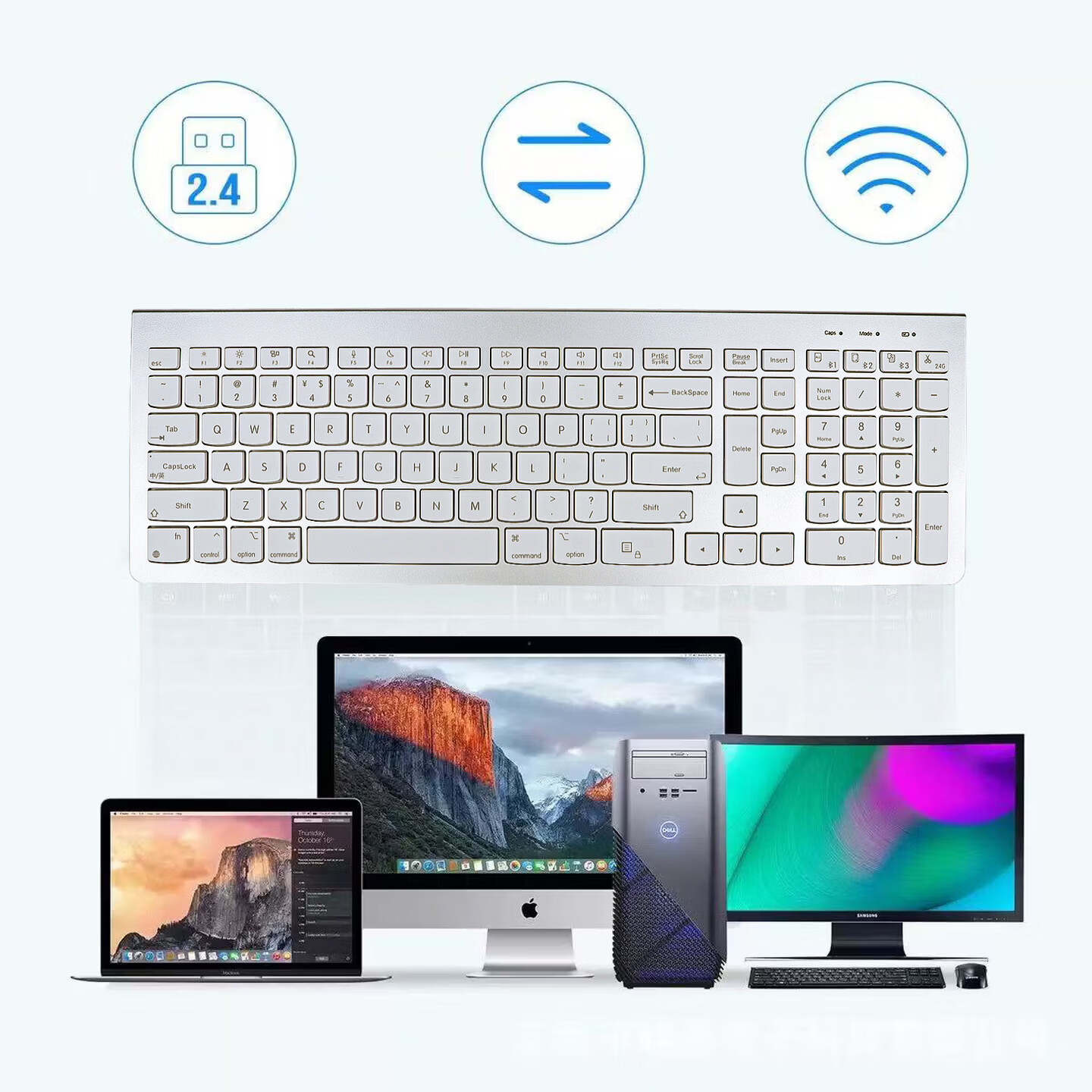 富有酷骑蓝牙无线三模妙控静音台式电脑轻薄键盘游戏打字专用办公神器高颜值适用Mac/ipad全平台兼容 白色 108