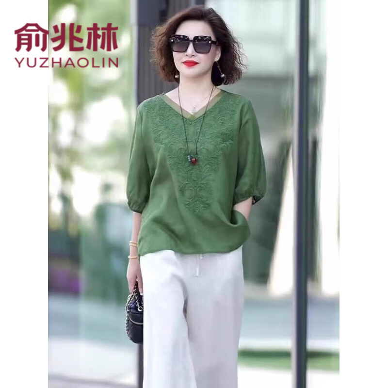 俞兆林(YUZHAOLIN)母亲节妈妈夏装苎麻刺绣衬衫女薄款中年棉麻衬衫上衣素订亚麻衬衣 绿色 2XL (建议105-120斤)