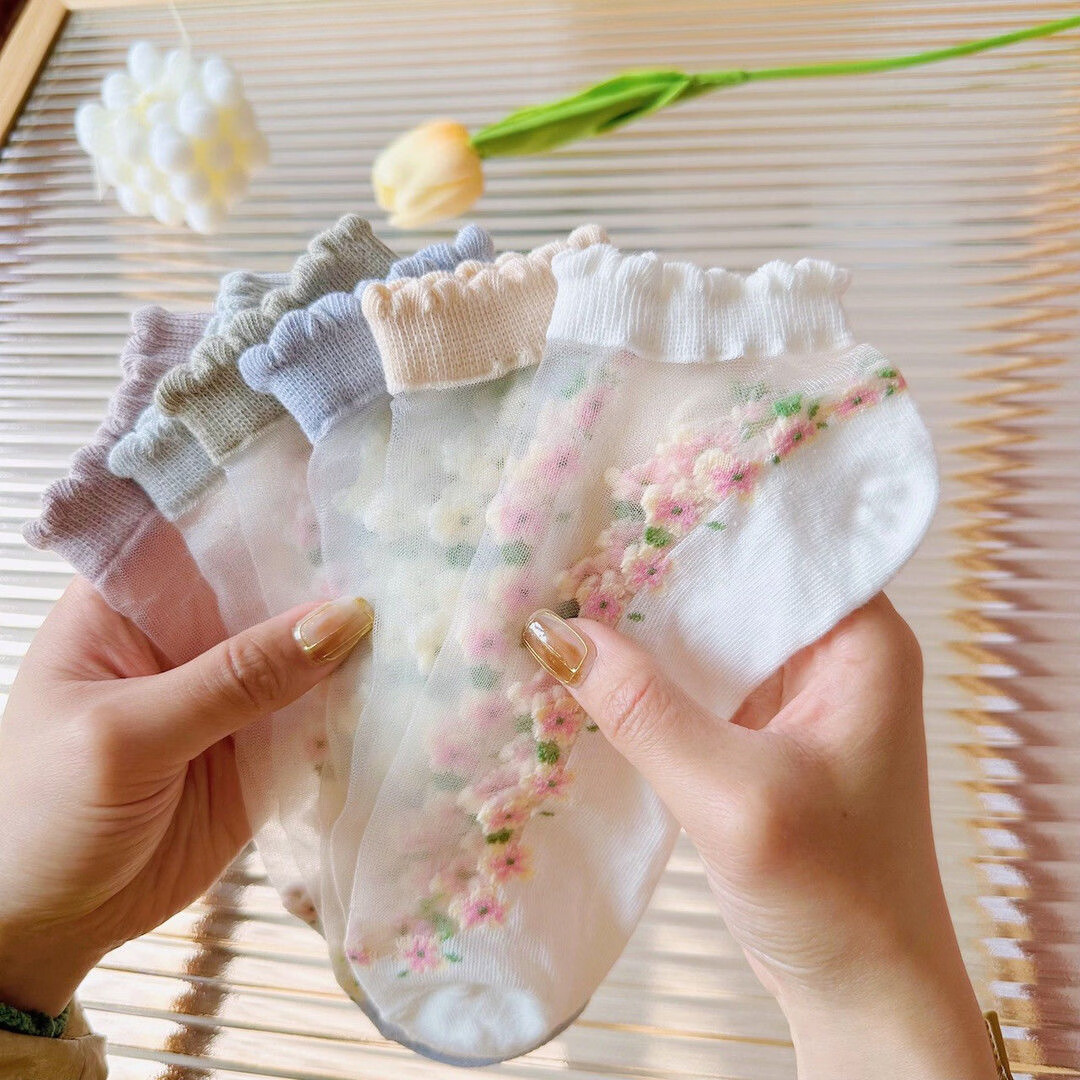 薄款卡丝袜夏季花边水晶船袜透气吸汗短袜春夏薄款袜子女袜子船袜 【5双装】颜色随机 均码