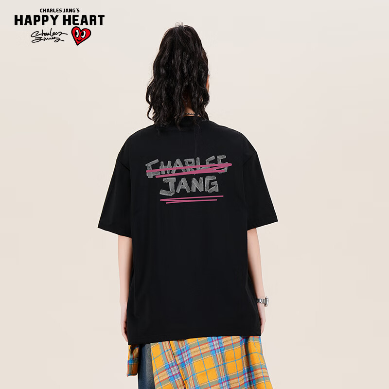 查尔斯桃心 夏季简约LOGO字母美式休闲宽松百搭潮流薄款透气短袖T恤男女同款 黑色 S