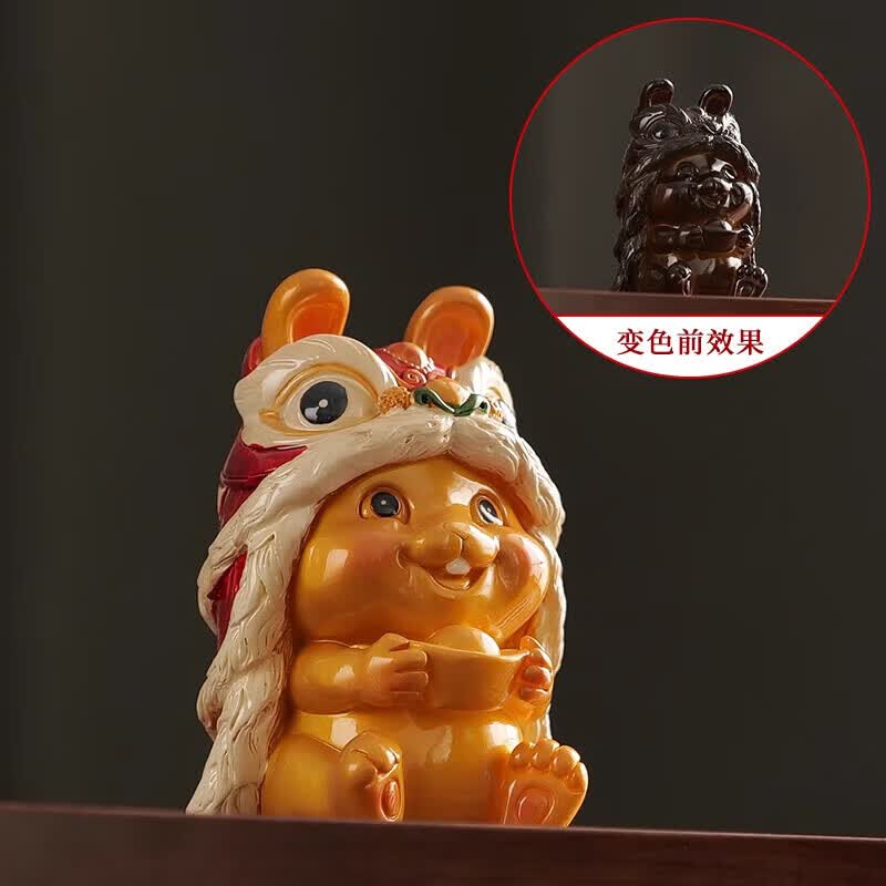 系颜可养精品狮兔变色茶宠摆件兔子创意茶玩茶具配件茶室办公室礼品 醒狮兔变色茶宠【玉白款】