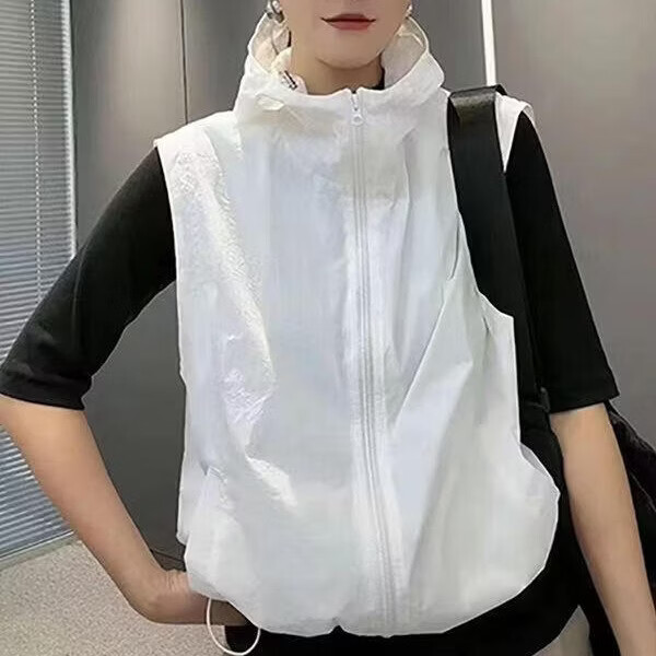 春夏新款休闲百搭连帽纯色显瘦时尚透气马甲薄款夏天防晒衣外套女 白色 L 建议（105-120斤）