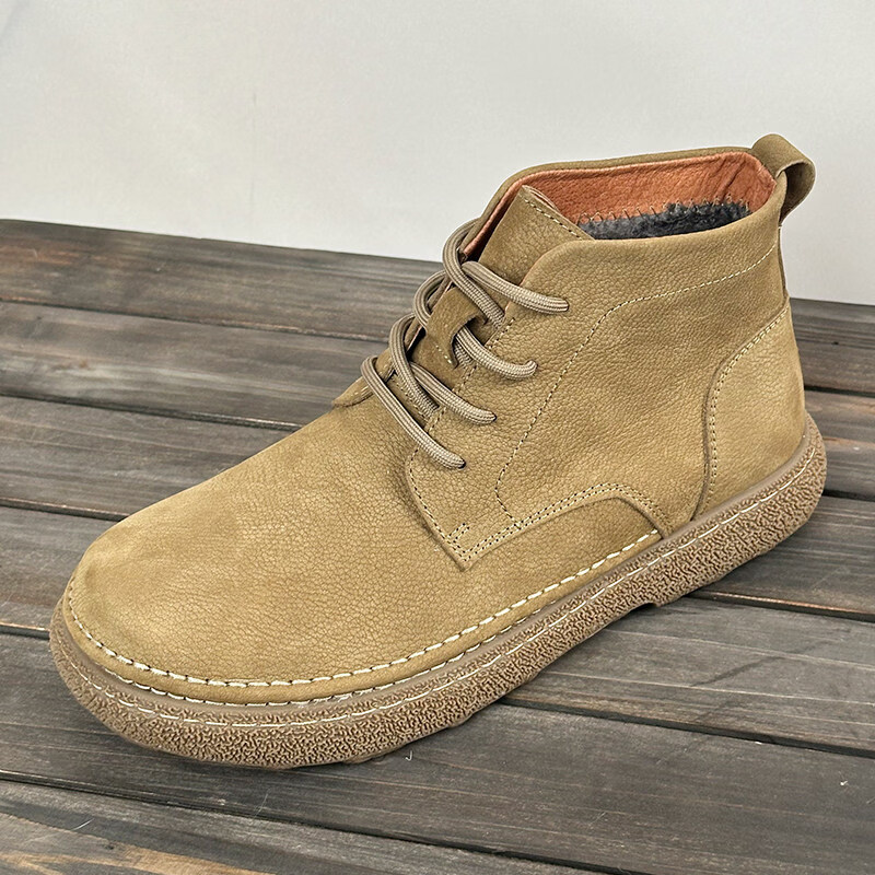中帮马丁靴2025秋冬加绒保暖软皮软底系带工装短靴子 卡其色_加绒 45