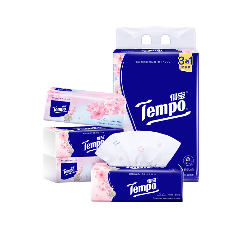 得宝（TEMPO）一博同款 抽纸 樱花味4层90抽*4包 湿水不易破 餐巾纸 卫生纸