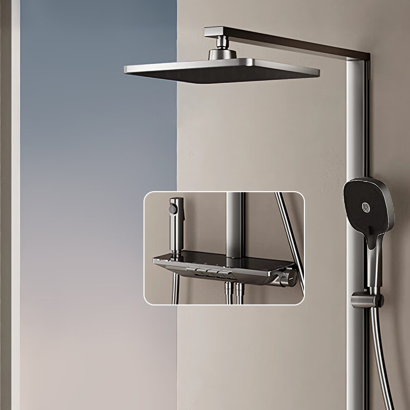 恒洁（HEGII）花洒淋浴套装 智能除垢方管贴墙琴键大置物台淋浴花洒套装 【全自动除垢-枪灰】956B-334C-SH