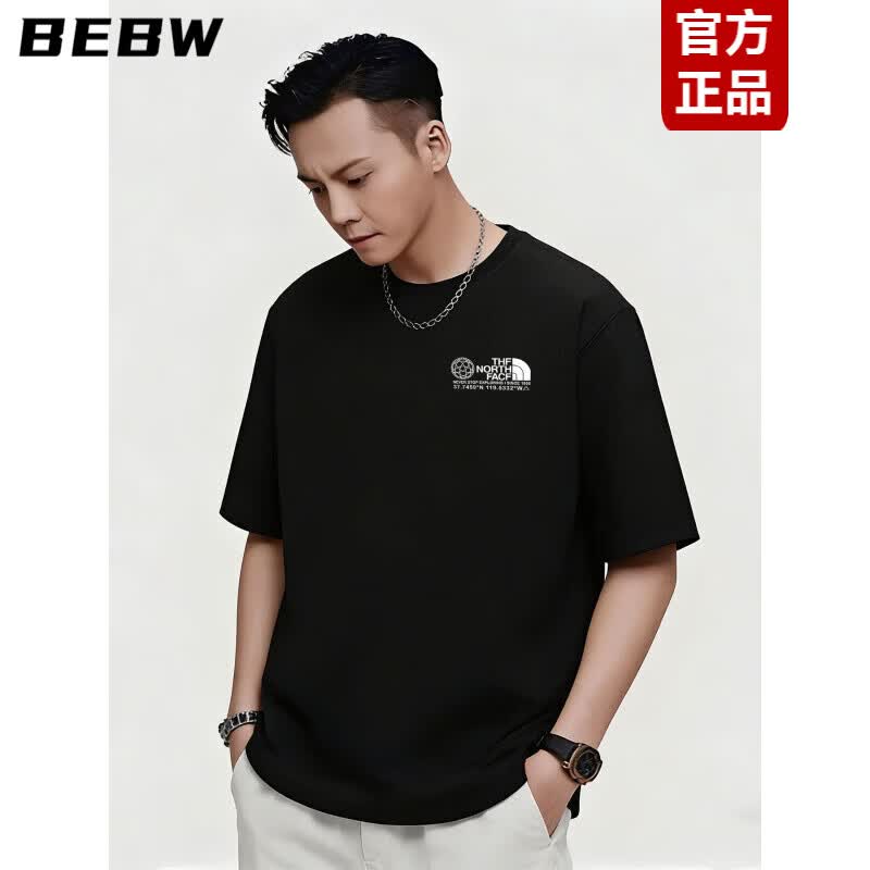 BEBW香港潮牌美式风短袖T恤男款2026新款夏季痞帅宽松百搭休闲上衣 黑色【品质纯棉】 S 【80-100斤】
