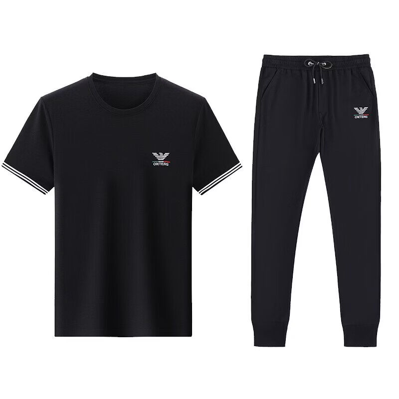 阿玛尼(ARMANI)正品男士桑蚕丝休闲运动套装桑蚕丝黑色短袖长裤组夏高端专柜 十大奢侈品男装国际一线品牌黑色(HL1619短袖+长裤) L 170__(建议120-140斤)