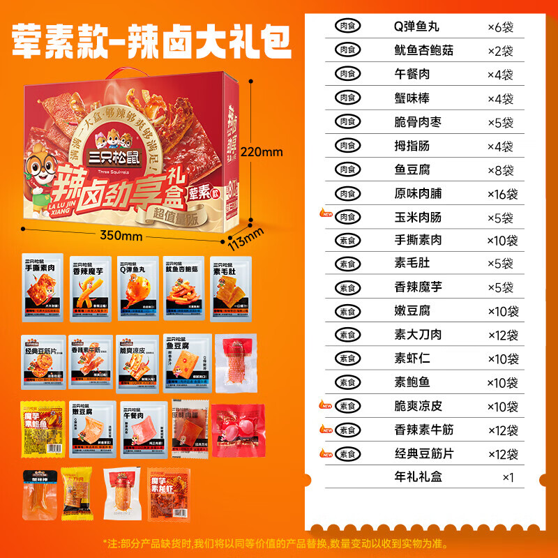 三只松鼠（Three Squirrels）辣卤礼包100包解馋夜宵零食大礼包卤味送女友礼物SN7332 共150包[买75包送75包