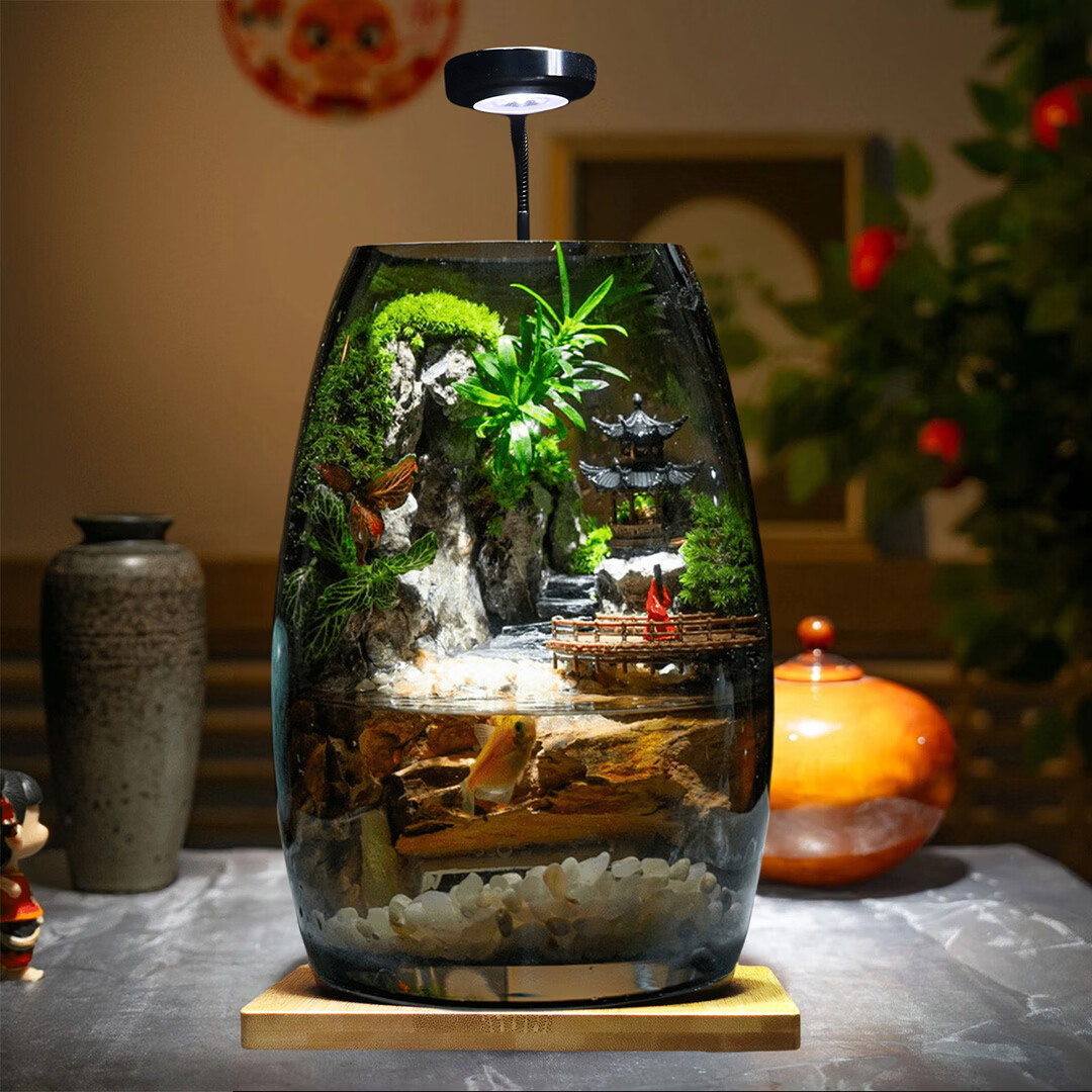 封茗生态瓶苔藓微景观青苔造景缸植物办公室绿植桌面微景瀑布养鱼盆栽 红衣女微景瀑布A款+植物灯（可养鱼）