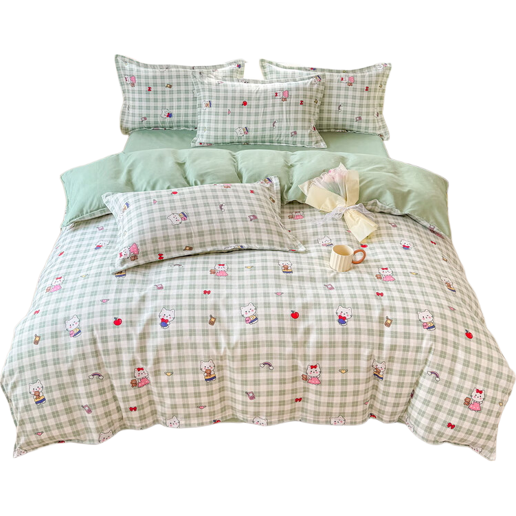 多兰诗（Duolanshi）春夏加厚磨毛四件套 ins四件套花卉田园风格床单被套四件套 可爱猫咪M 1.8米 床单款 被套180*220 四件套