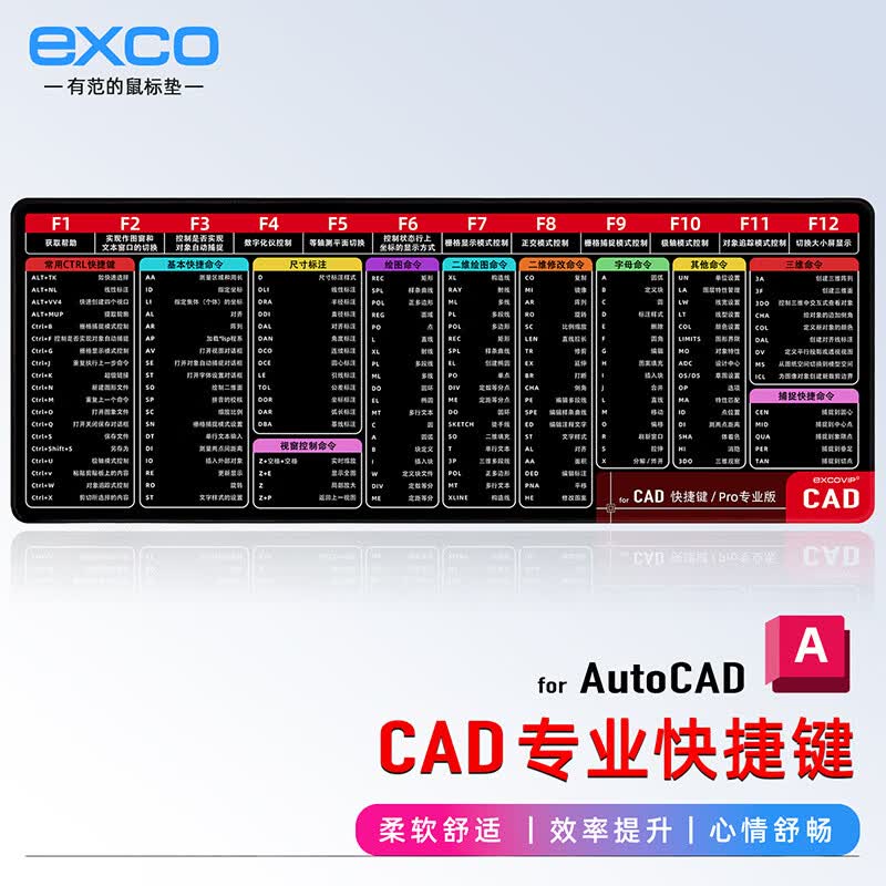 宜适酷（EXCO）CAD绘图快捷键鼠标垫大号 办公笔记本电脑桌垫键盘垫布面锁边橡胶底0011 CAD快捷键 800x300x2mm
