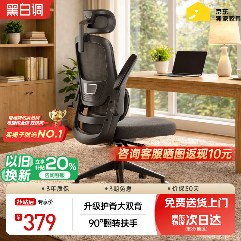 黑白调P1二代 人体工学椅电脑电竞椅子人工力学座椅办公椅 双背联动扶手