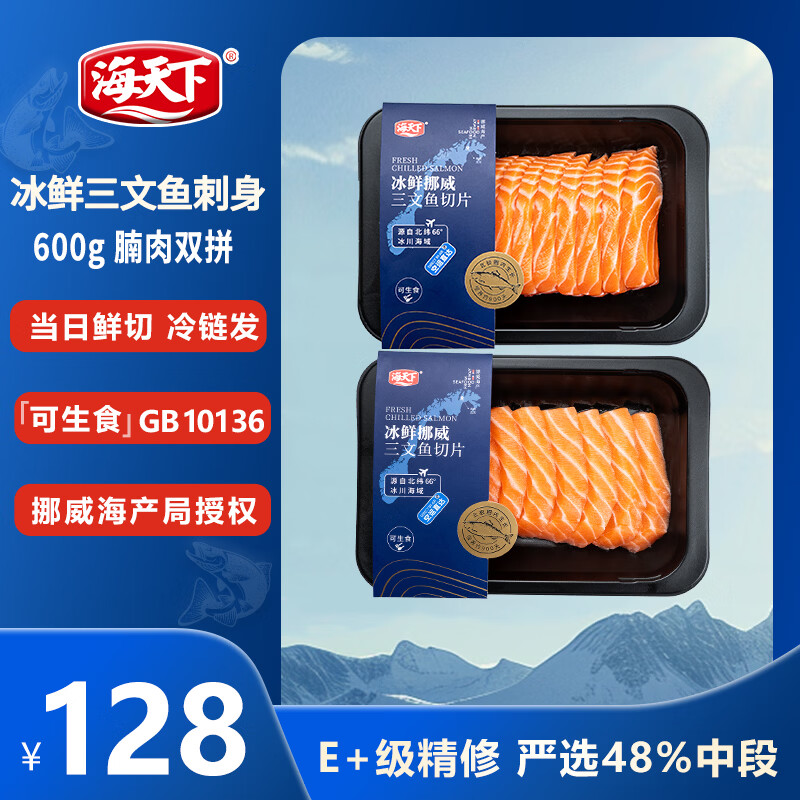 海天下冰鲜挪威三文鱼 中段切片双拼600g【可生食资质GB10136】源头直发