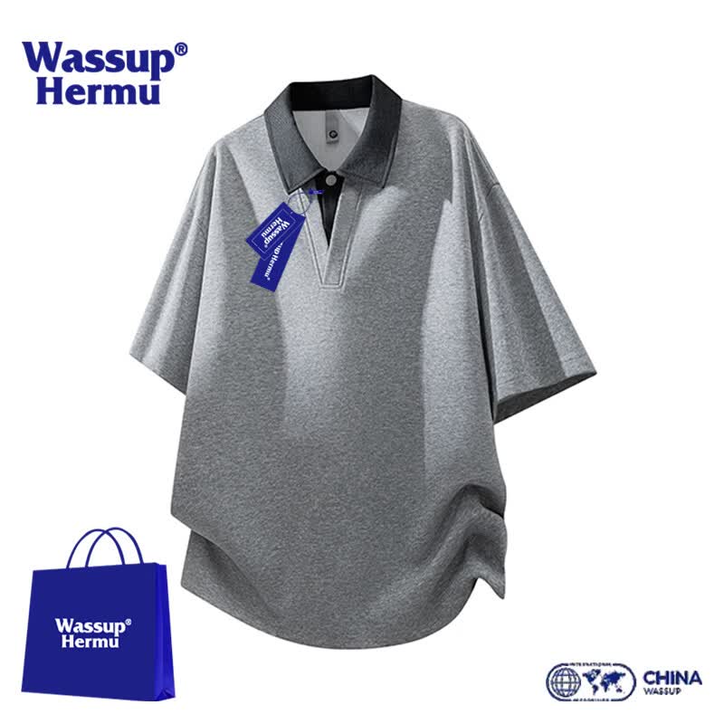 WASSUP HERMU官方短袖男夏季假两件翻领撞色POLO衫宽松百搭休闲松弛风半袖t恤 浅灰色 XL （推荐140-156斤）