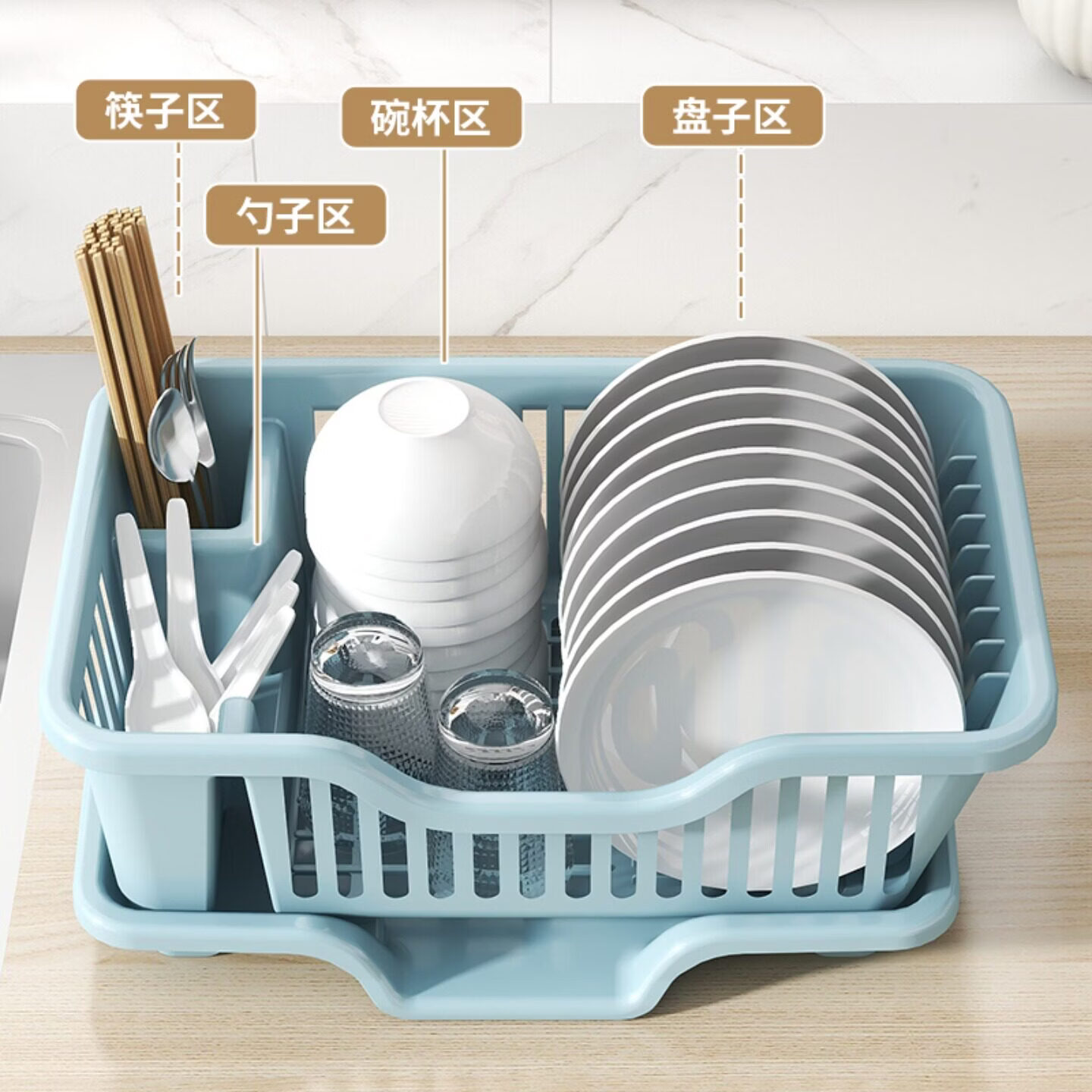 咏幻沥水碗盘架厨房碗碟收纳架水槽餐具置物架家用台面碗柜碗筷收纳盒 加厚款-绿色大号【速干沥水】