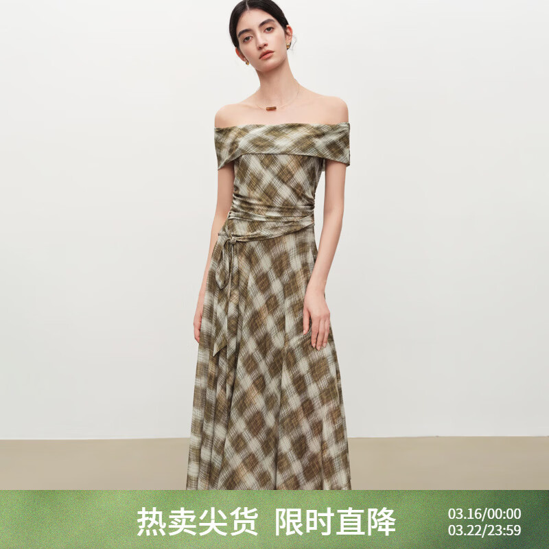 自巧【定格胶囊】小个子格纹网纱一字肩收腰连衣裙女2026夏季新款 绿米格 XS （尺码：2）