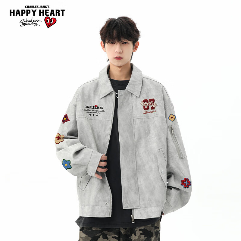 查尔斯桃心 美式花卉印花扎染翻领外套春秋季新款潮流休闲夹克 男女同款 浅灰色 XL