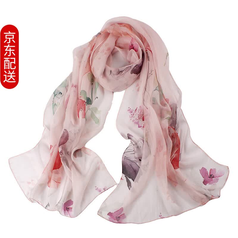 达芬奇密码丝巾高档100%纯真丝围巾春夏防晒披肩 女生送妈妈母亲节日礼物 水彩牡丹 浅粉
