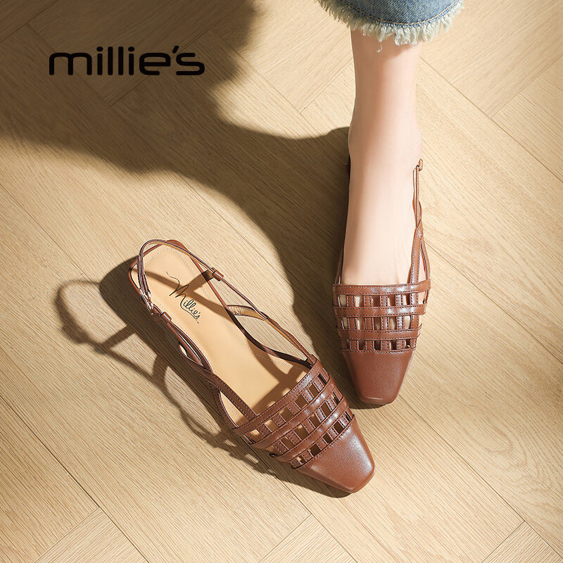妙丽（Millies）凉鞋女低跟编织真皮时尚浅口搭扣2026春季新款百搭气质一字带凉鞋 棕色 35 (225mm) 标准码
